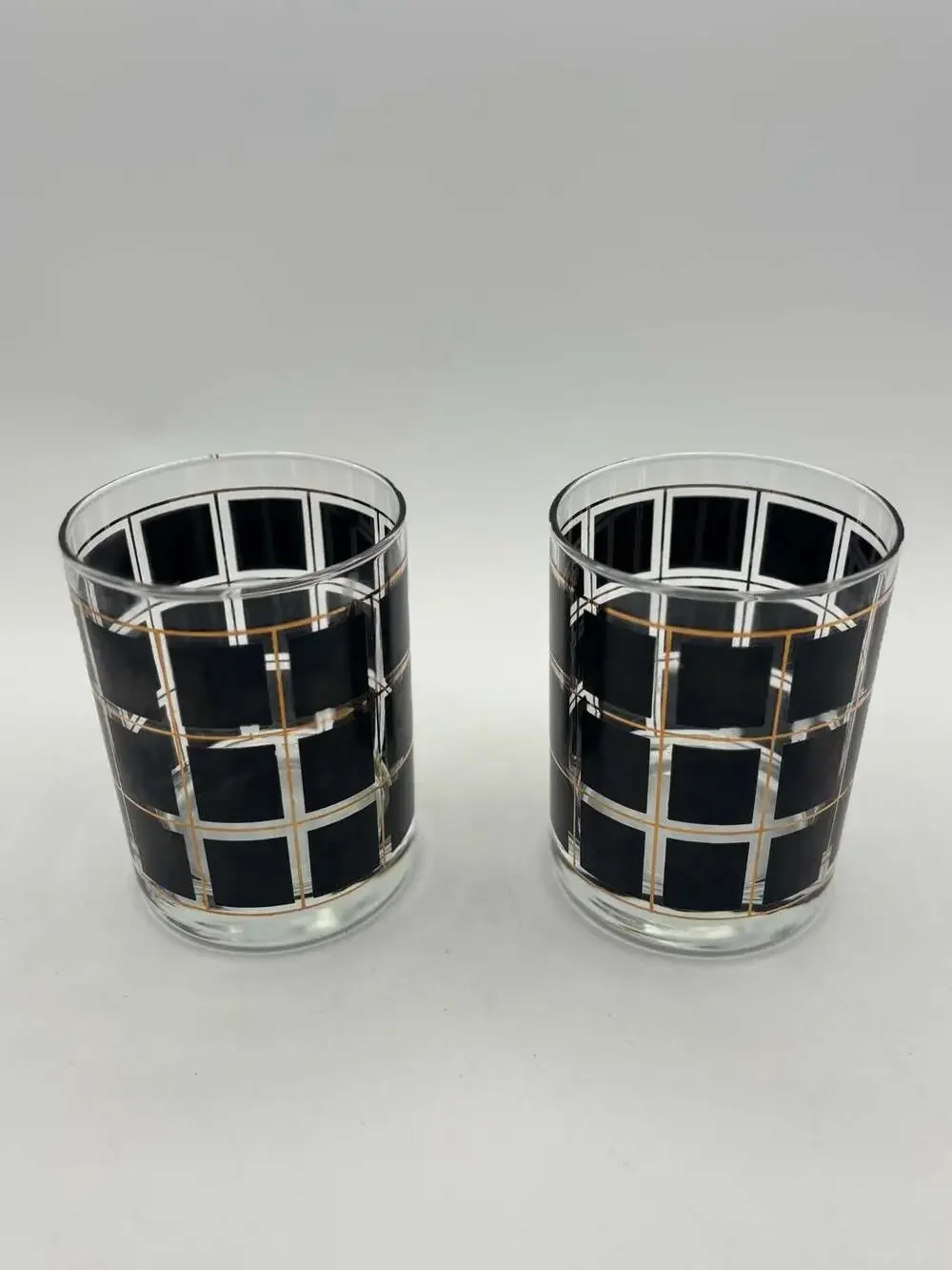 1970s Black and Gold Square Double Old Fashioned Glasses, Pair
